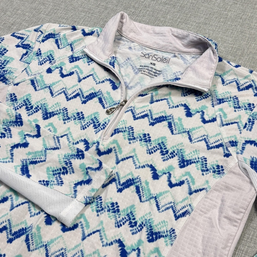 SanSoleil Pullover Womens XS Blue Chevron Mock Neck Long‎ Sleeve UPF 50+ Cooling